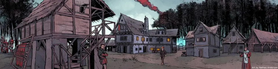 An illustration of a medieval bohemian village. A young blond boy, Mark, stands in the middle distance, foregrounded by an archer on the left and a clergyman on the right.