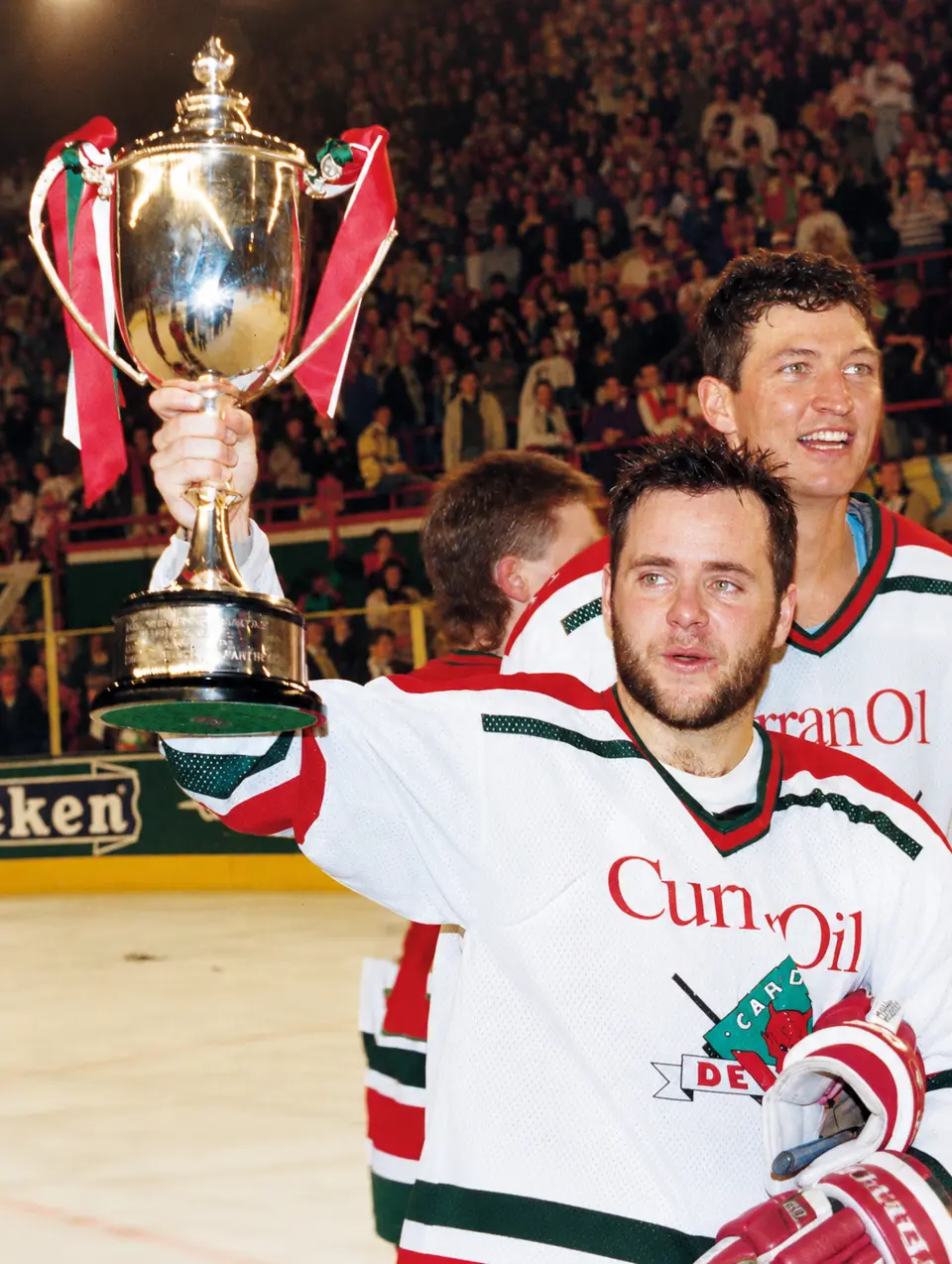 Cardiff Devils Celebrate Wembley 1990 Championship Victory Cardiff Devils players celebrate winning the 1990 Heineken Championship after defeating Murrayfield Racers at Wembley