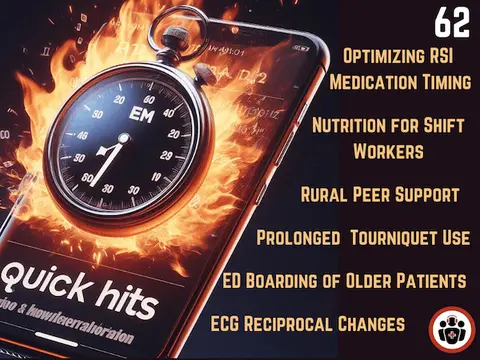 EM Quick Hits 62 Optimizing RSI Medication Timing, ED Boarding of Older Patients, Prolonged Tourniquet Use, Rural Peer Support Programs, ECG Reciprocal Changes, Nutrition Tips for Shift Workers