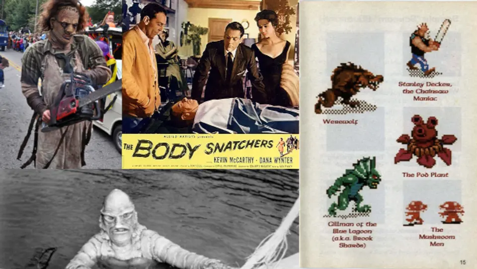 Page 2 of Zombies Ate My Neighbors enemies Left top: Leatherface from Texas Chain Saw Massacre and lobby card for The Invasion of the Body Snatchers. Bottom left: Gill-Man from Creature from the Black Lagoon. Right: Page 2 of Zombies Ate My Neighbors