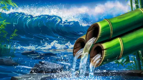 Bamboo Water Fountain and Ocean Waves | Relax With This Calm Ambience (Black Screen)