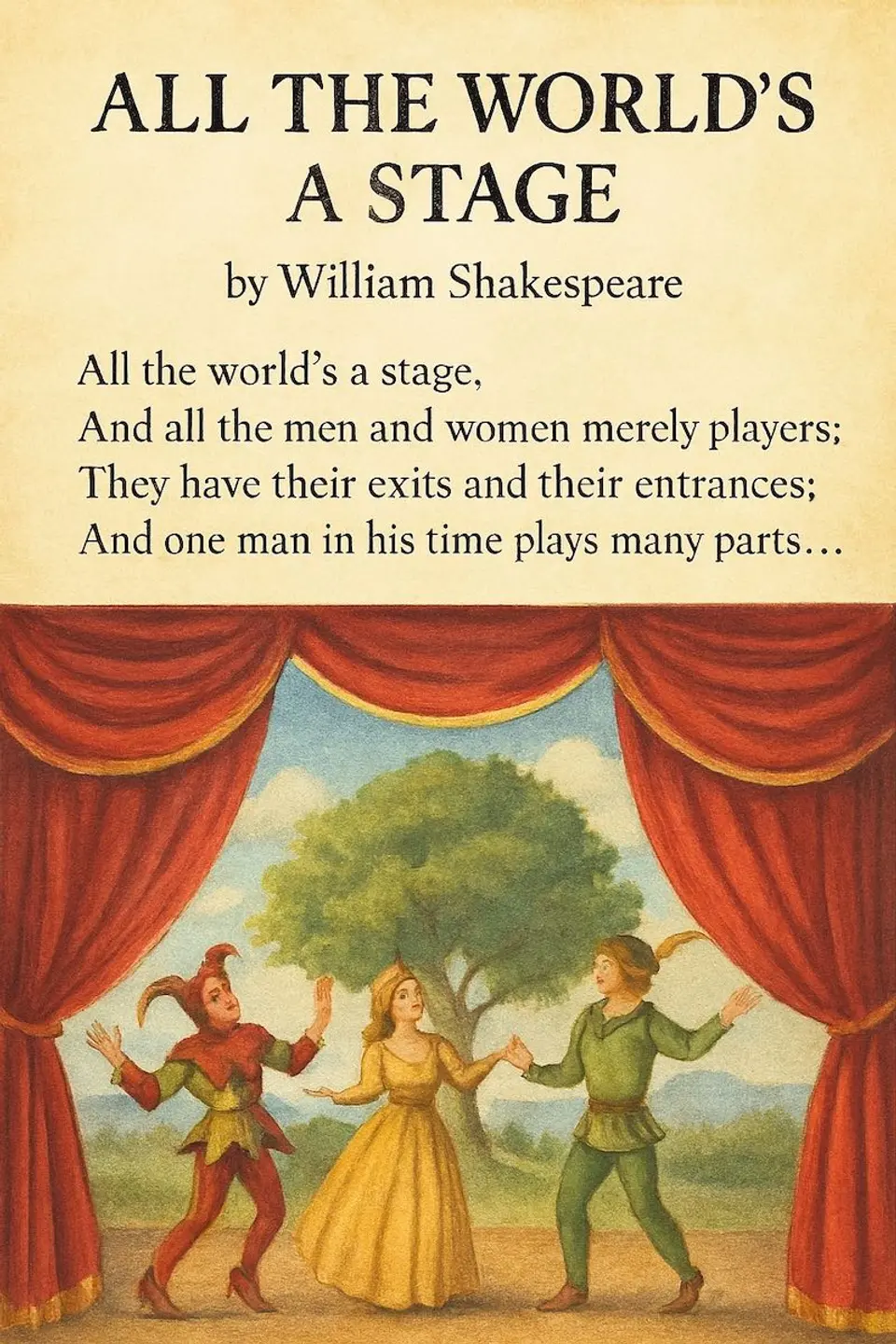 all-the-worlds-a-stage-shakespeare-illustration A vintage-style illustration of three actors in Renaissance costume performing on a stage with red curtains and a tree in the background, featuring the first four lines of Shakespeare's monologue.