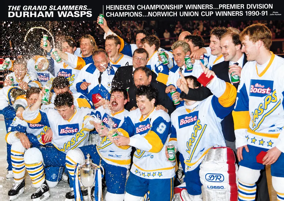 Durham Wasps – 1991 Wembley Grand Slam Celebrations Durham Wasps players and officials celebrate their 1991 Heineken Championship victory at Wembley Arena, gathered around the trophy.