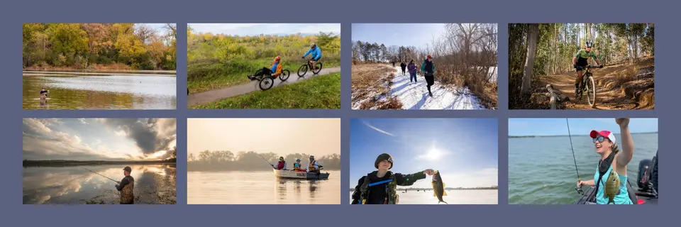 Collage with 8 photos of people and scenes arounf Madison