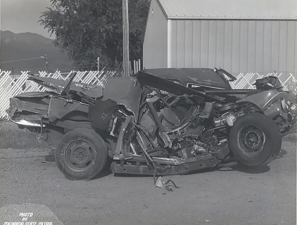 1965 Corvette Convertible the day after the crash at the towing lot. Passenger side shown. The horrifying results of the car crash that initiated Nicole's NDEs