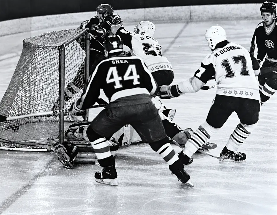 Danny Shea – Peterborough Pirates Wembley 1991 Peterborough Pirates forward Danny Shea, number 44, challenges in front of the Durham Wasps goal during the 1991 Wembley Championship Final.