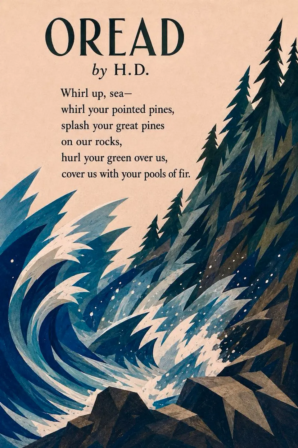 oread-hd-illustration An illustration for the poem “Oread” by H.D. showing crashing ocean waves echoing the jagged shapes of tall pine trees along a rocky coast.