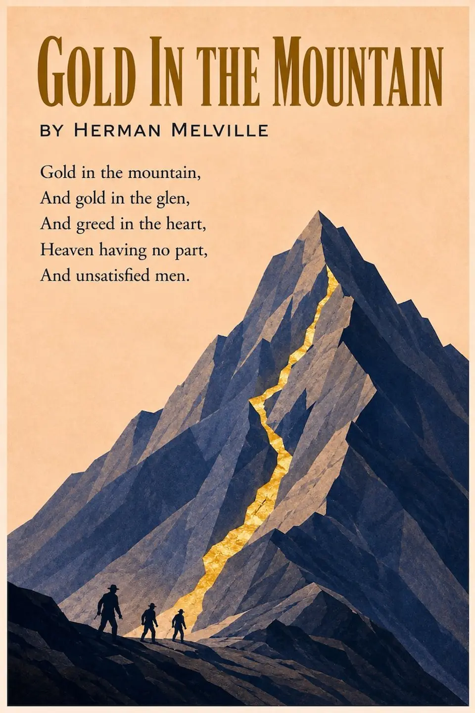 gold-in-the-mountain-herman-melville-illustration An illustration for the poem “Gold in the Mountain” by Herman Melville showing three silhouette figures standing at the foot of a tall mountain with a glowing golden vein running down its side.