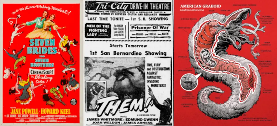 7 Brides for Seven Brothers, Them!, and Tremors Left: Poster for 7 Brides for Seven Brothers. Center: ad for Them! Right: artwork for Tremors