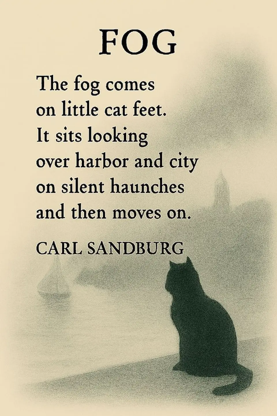 carl-sandburg-fog-poem-illustration An illustration of the Carl Sandburg poem "Fog," showing a silhouette of a cat sitting on a haunch looking over a misty harbor.