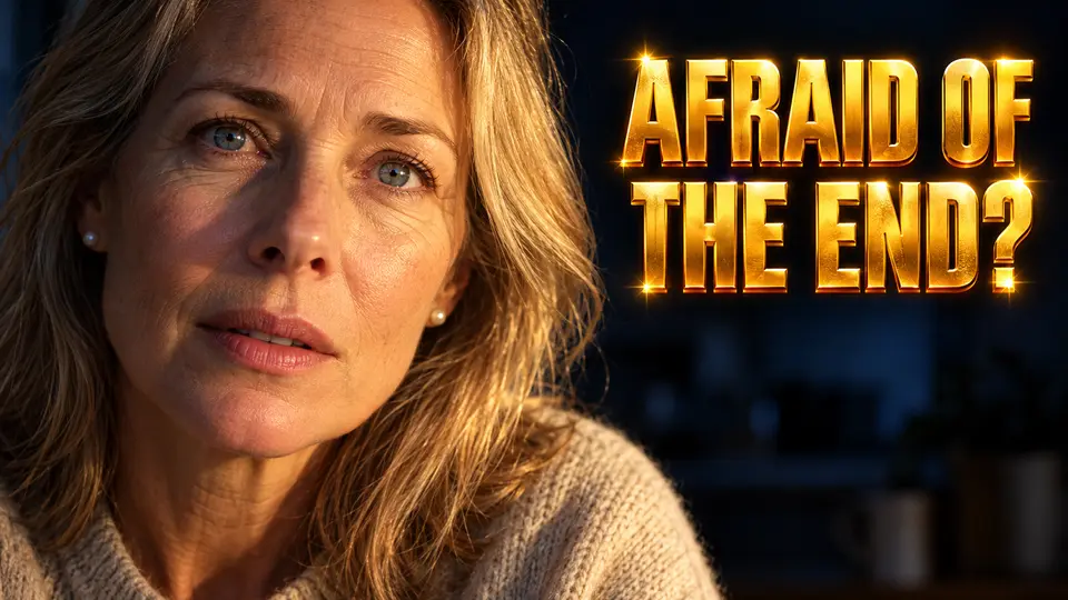 Golden dawn portrait.png A woman in her sixties lit by first light at dawn, eyes lifting with hope while the fear of the ending still shows in her face, beside the words Afraid of the End?