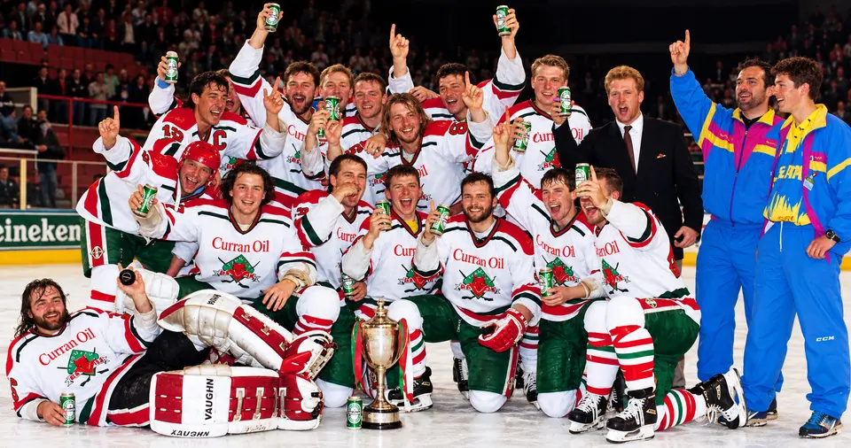 Cardiff Devils Celebrate Wembley 1990 Championship Victory Cardiff Devils players celebrate winning the 1990 Heineken Championship after defeating Murrayfield Racers at Wembley