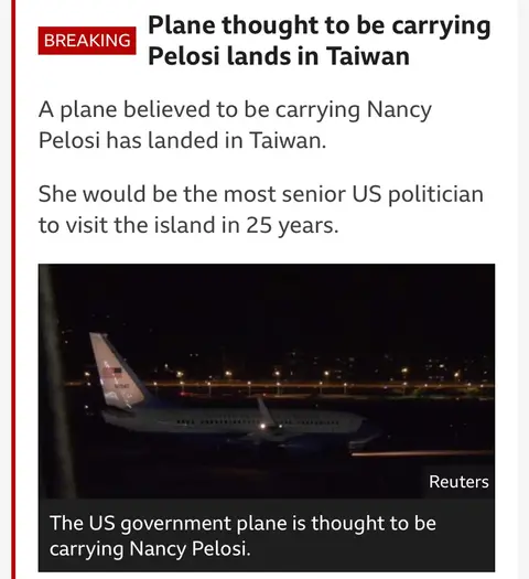 Speaker Nancy Pelosi arrives in Taiwan. I