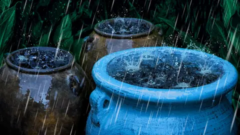 Rain Falling on Clay Jars with Thunder Sounds for Sleeping
