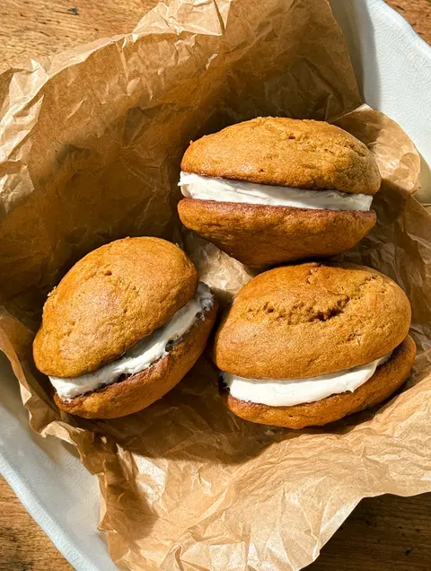 Gluten Free Pumpkin Whoopie Pies with Browned Butter Cream Cheese Icing