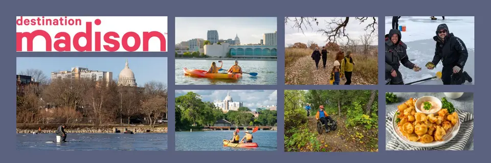 Collage photo with the Destination Madison Logo and 7 assorted photos of people and sites around Madison