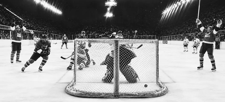 Murrayfield Racers v Cardiff Devils – Wembley 1990 Murrayfield Racers celebrate a goal against Cardiff Devils during the dramatic 1990 Heineken Championship Final at Wembley Arena